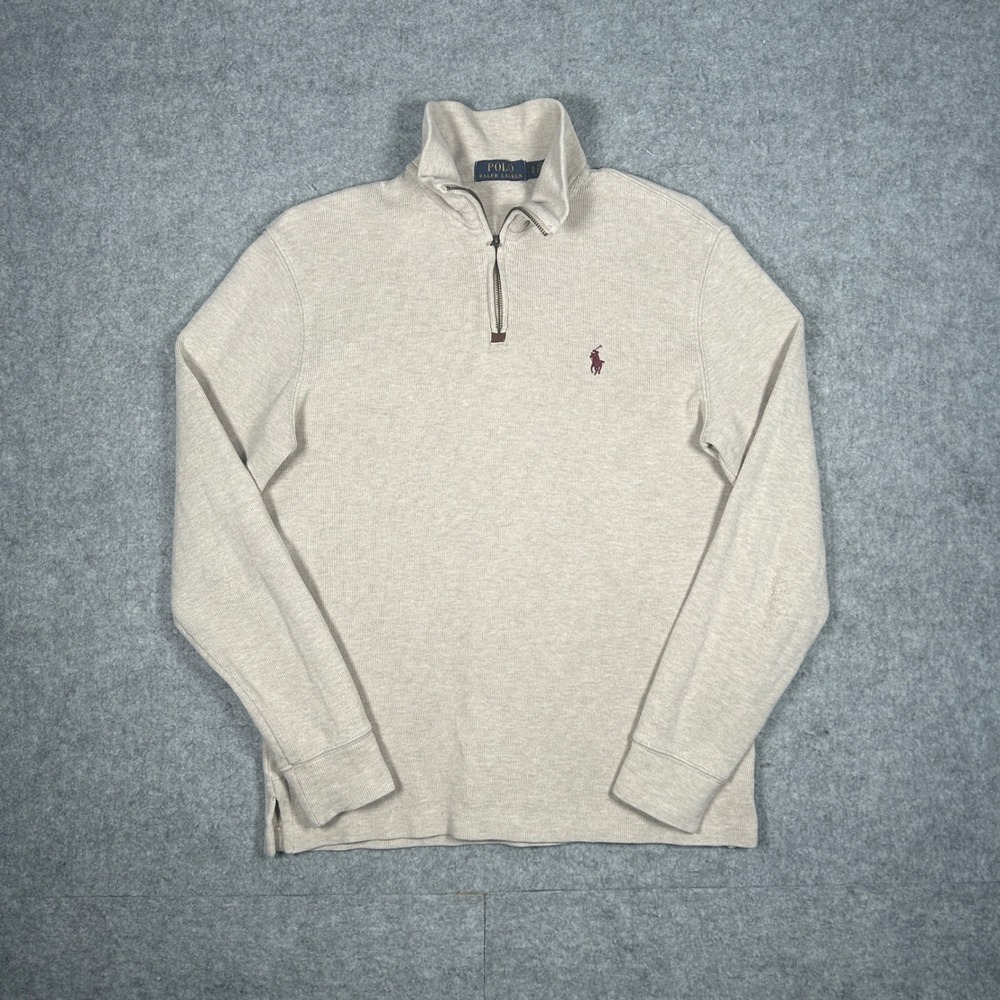 Polo Ralph Lauren Quarter Zip Pullover Mens Small Beige Ribbed Cotton Sweater